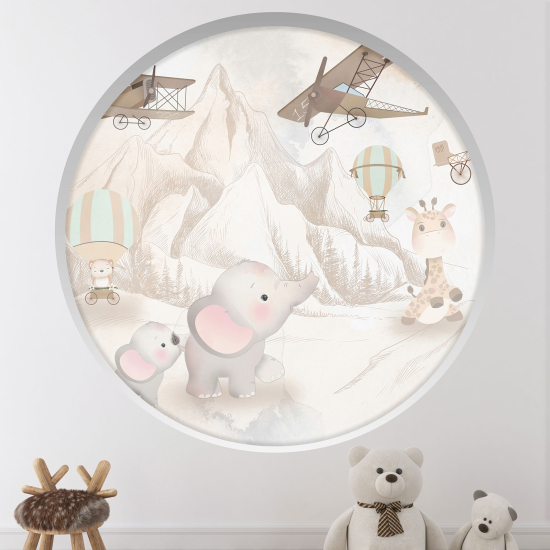 Optical Illusions Round Arch Wall Sticker for Kids- Animals Planes