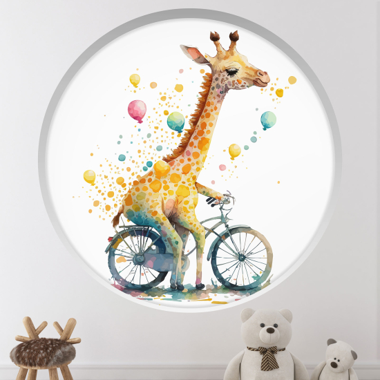 Optical Illusions Round Arch Wall Sticker for Kids- Giraffe on a bicycle