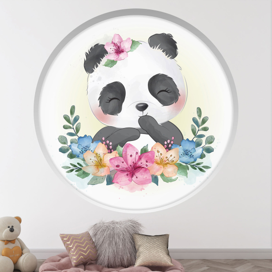 Optical Illusions Round Arch Wall Sticker for Kids- Panda flowers