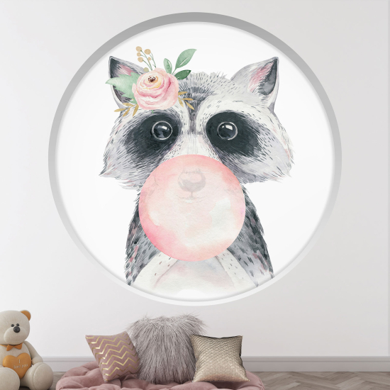 Optical Illusions Round Arch Wall Sticker for Kids- Raccoon bubble