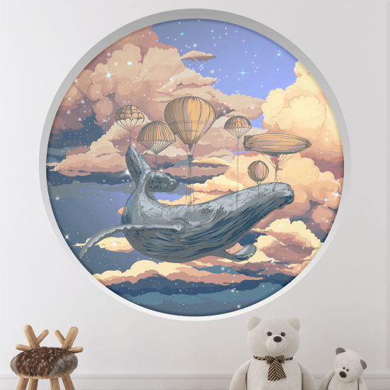 Optical Illusions Round Arch Wall Sticker for Kids- Whale Hot Air Balloons