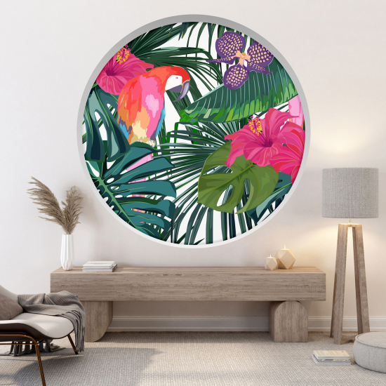 Optical Illusions Round Arch Wall Sticker - Parrot flowers