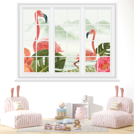 Optical Illusions Window Wall Sticker - Pink flamingos