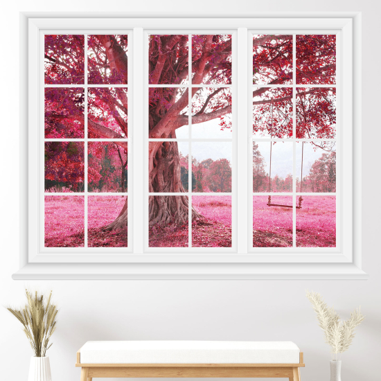 Optical Illusions Window Wall Sticker - Tree with pink leaves