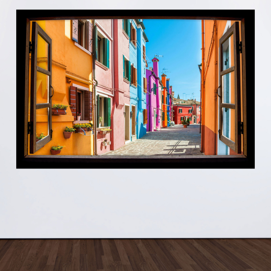 Optical Illusions Wood Window Wall Sticker - Burano Alley