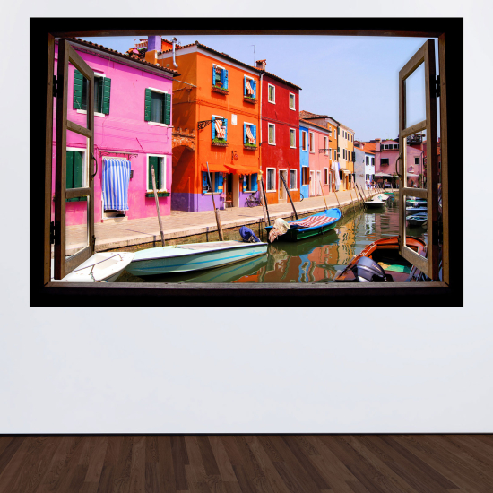 Optical Illusions Wood Window Wall Sticker - Burano Island