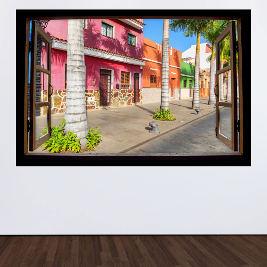 Optical Illusions Wood Window Wall Sticker - Colorful houses street