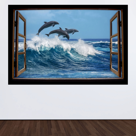 Optical Illusions Wood Window Wall Sticker - Dolphins