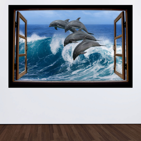 Optical Illusions Wood Window Wall Sticker - Dolphins