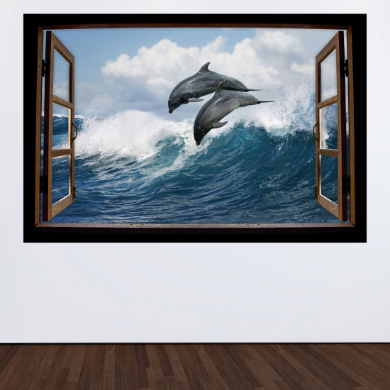 Optical Illusions Wood Window Wall Sticker - Dolphins