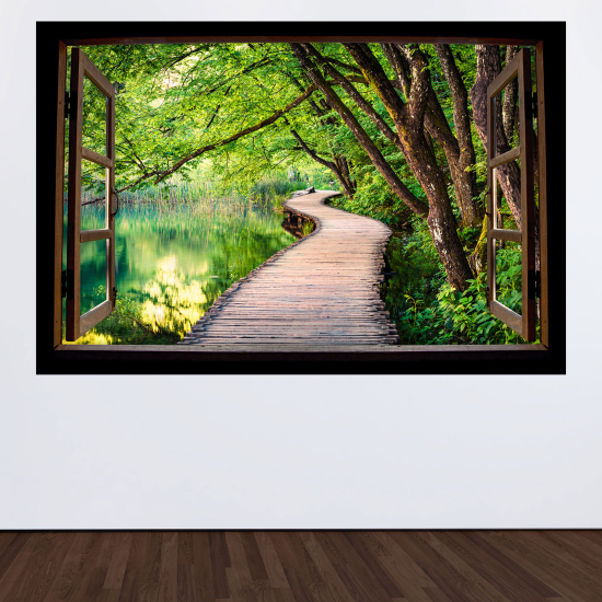 Optical Illusions Wood Window Wall Sticker - Forest path