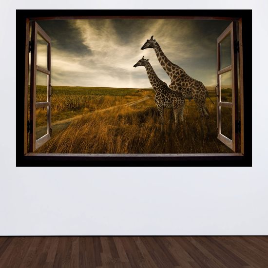 Optical Illusions Wood Window Wall Sticker - Giraffes