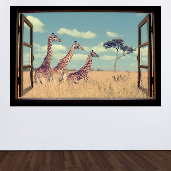 Optical Illusions Wood Window Wall Sticker - Giraffes