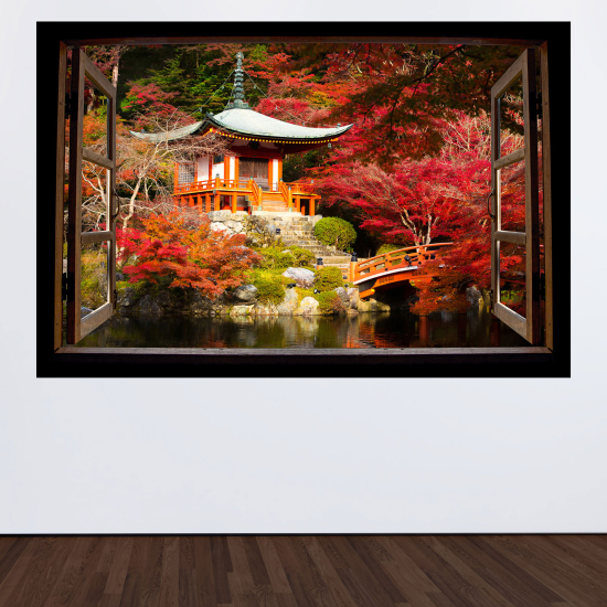 Optical Illusions Wood Window Wall Sticker - Japanese Temple