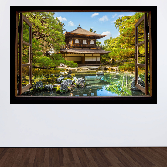 Optical Illusions Wood Window Wall Sticker - Japanese Temple