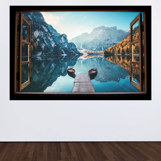 Optical Illusions Wood Window Wall Sticker - Lake Mountains