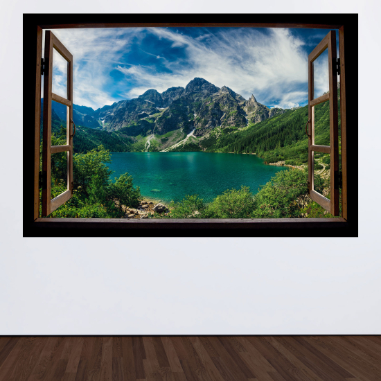 Optical Illusions Wood Window Wall Sticker - Lake Mountains