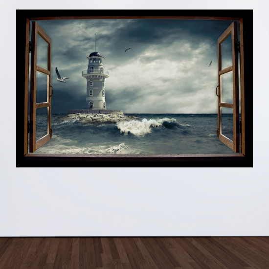 Optical Illusions Wood Window Wall Sticker - Lighthouse