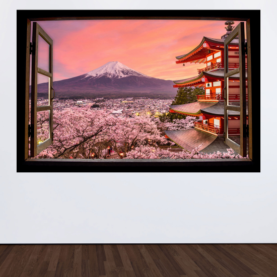 Optical Illusions Wood Window Wall Sticker - Mount Fuji Japan