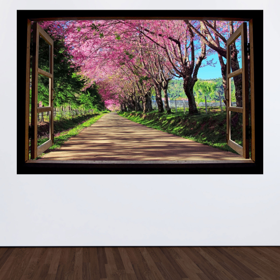 Optical Illusions Wood Window Wall Sticker - Path trees pink leaves