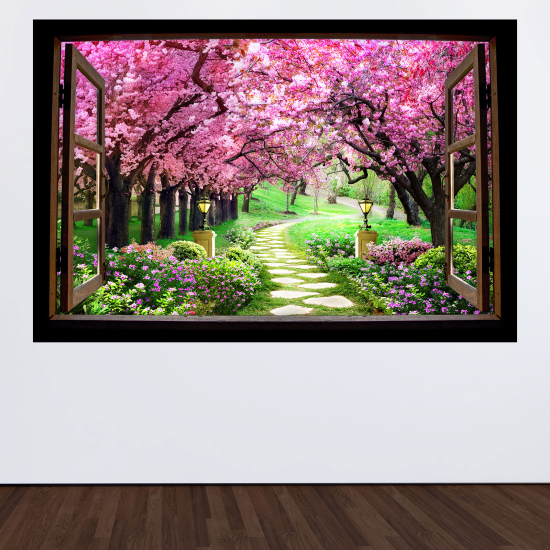 Optical Illusions Wood Window Wall Sticker - Path trees pink leaves