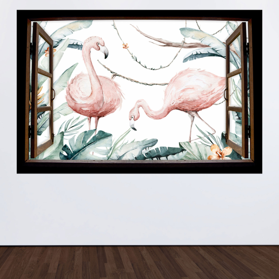 Optical Illusions Wood Window Wall Sticker - Pink flamingos