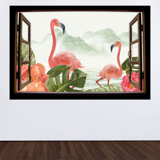 Optical Illusions Wood Window Wall Sticker - Pink flamingos