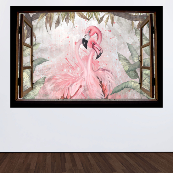 Optical Illusions Wood Window Wall Sticker - Pink flamingos