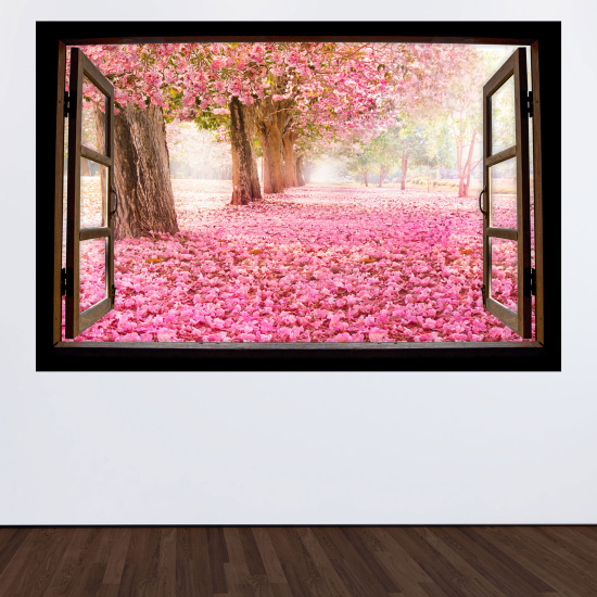 Optical Illusions Wood Window Wall Sticker - Pink trees and flowers