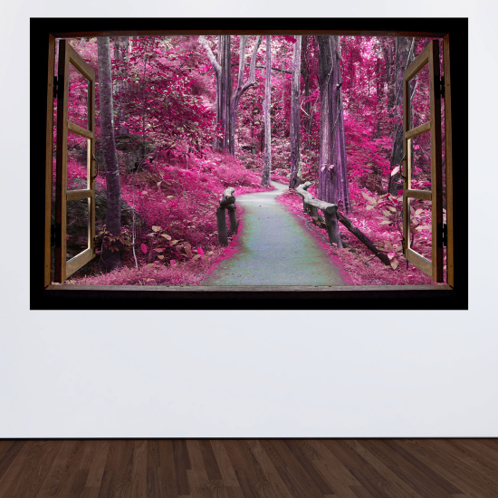 Optical Illusions Wood Window Wall Sticker - Pink Trees Path