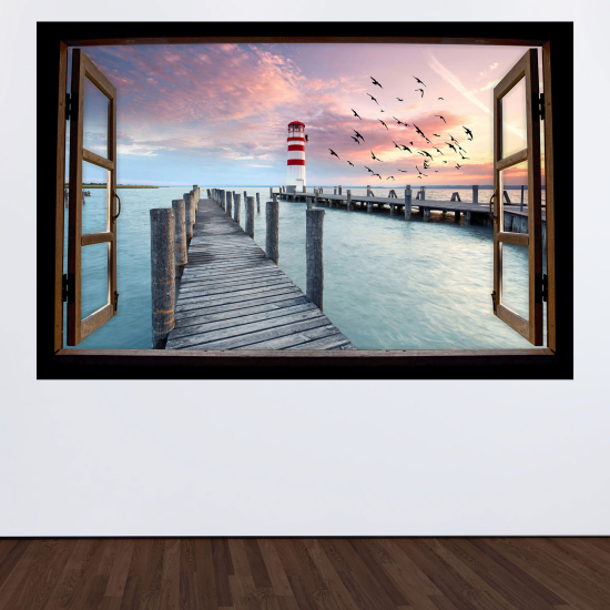 Optical Illusions Wood Window Wall Sticker - Pontoon and lighthouse