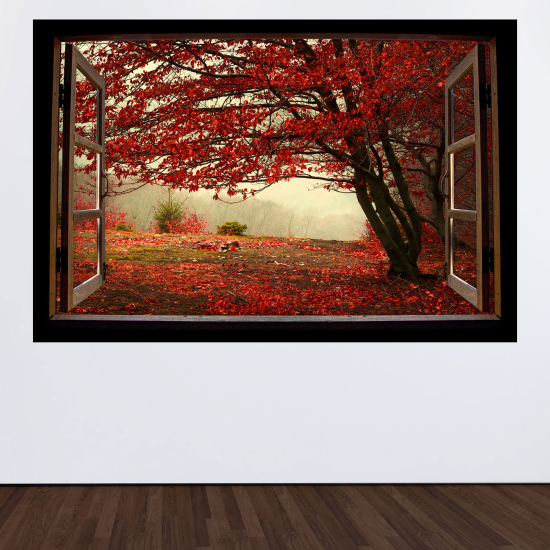 Optical Illusions Wood Window Wall Sticker - Red leaf tree