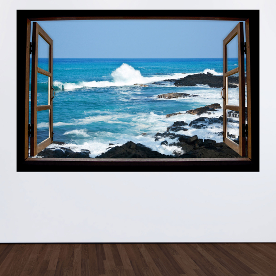 Optical Illusions Wood Window Wall Sticker - Sea view