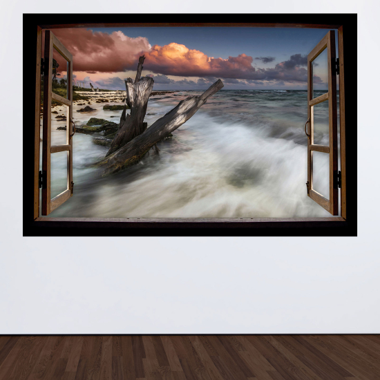 Optical Illusions Wood Window Wall Sticker - Sea view