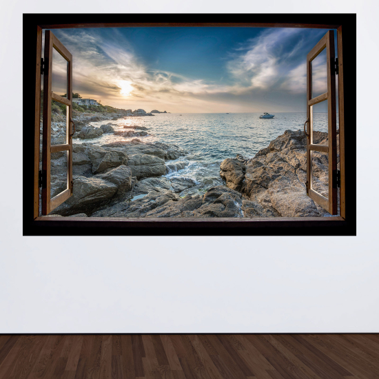 Optical Illusions Wood Window Wall Sticker - Sea view