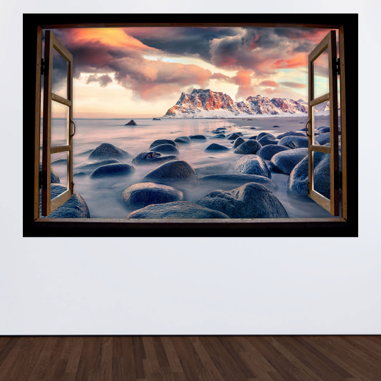 Optical Illusions Wood Window Wall Sticker - Sea view