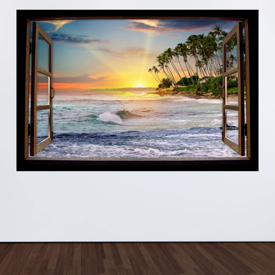 Optical Illusions Wood Window Wall Sticker - Sea view palm trees