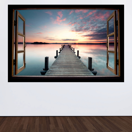 Optical Illusions Wood Window Wall Sticker - Sunset pontoon