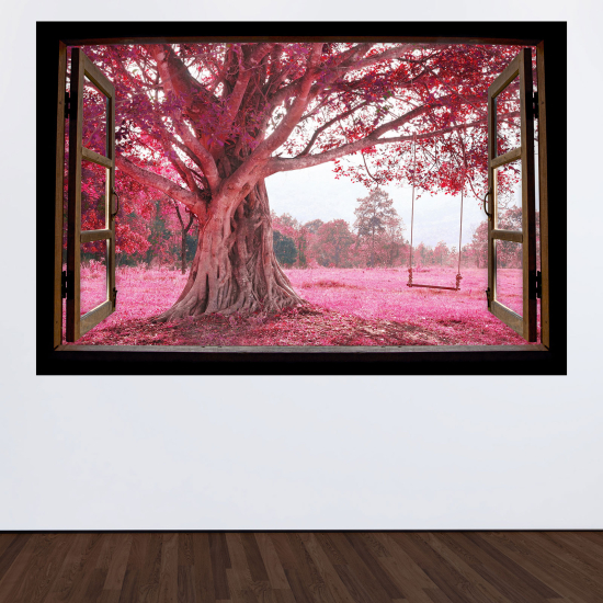 Optical Illusions Wood Window Wall Sticker - Trees with pink leaves