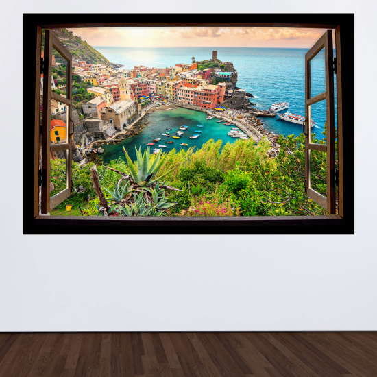 Optical Illusions Wood Window Wall Sticker - Vernazza City