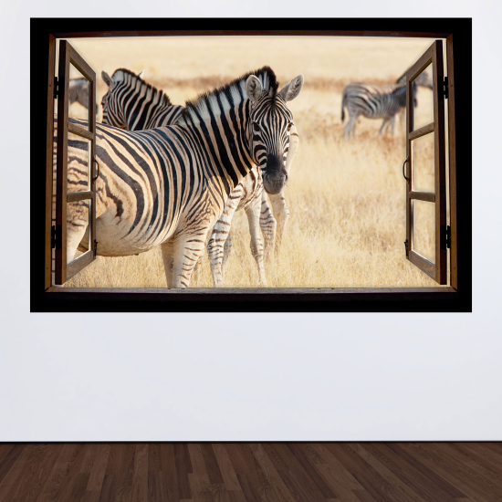 Optical Illusions Wood Window Wall Sticker - Zebras