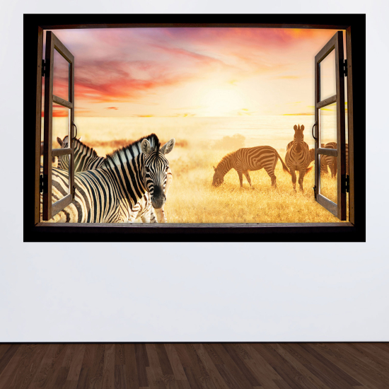 Optical Illusions Wood Window Wall Sticker - Zebras