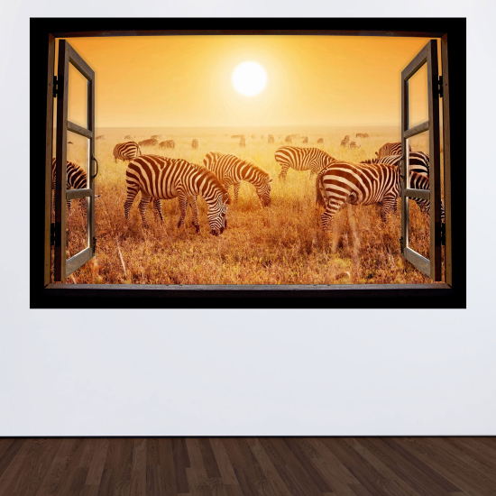 Optical Illusions Wood Window Wall Sticker - Zebras