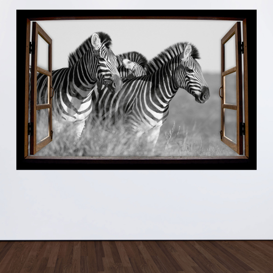 Optical Illusions Wood Window Wall Sticker - Zebras