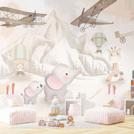 Panoramic Wallpaper - Kid Wall Mural - Airplanes Animals