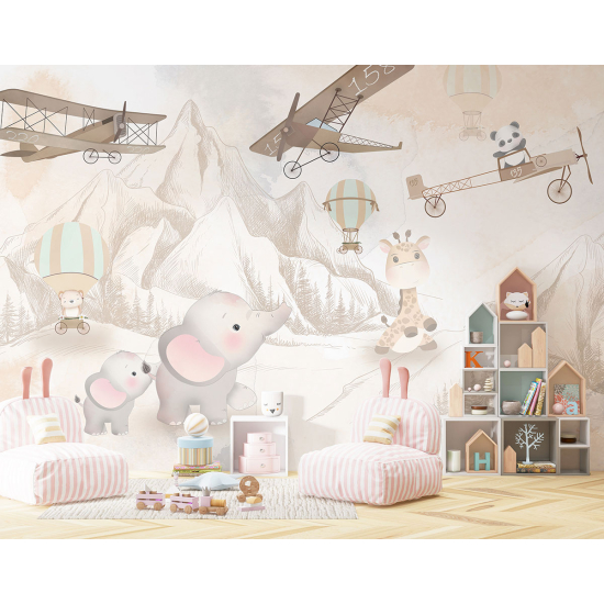 Panoramic Wallpaper - Kid Wall Mural - Airplanes Animals