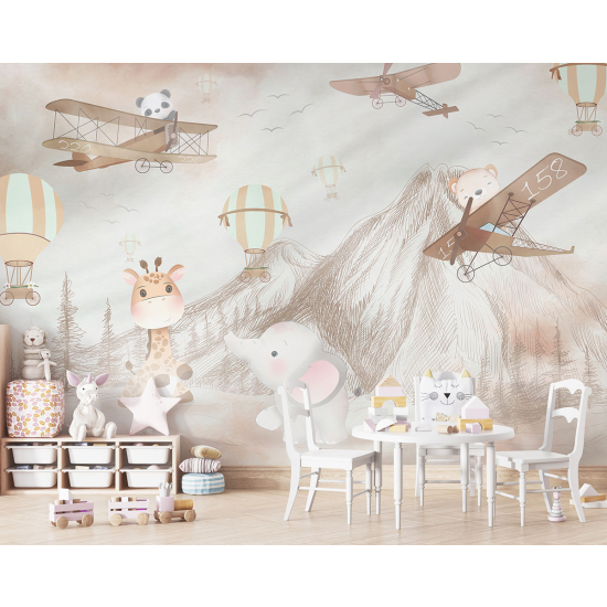 Panoramic Wallpaper - Kid Wall Mural - Airplanes Animals