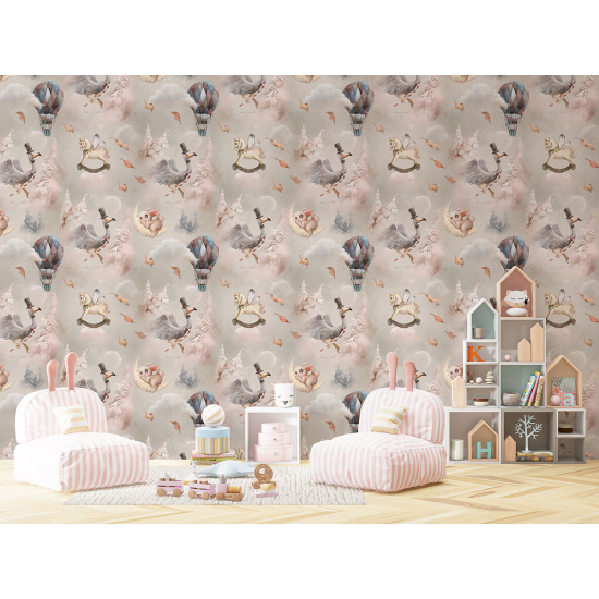 Panoramic Wallpaper - Kid Wall Mural - Animal Hot Air Balloon Pattern