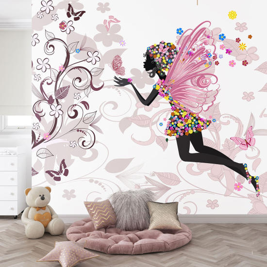 Panoramic Wallpaper - Kid Wall Mural - Fairy Flowers Butterflies