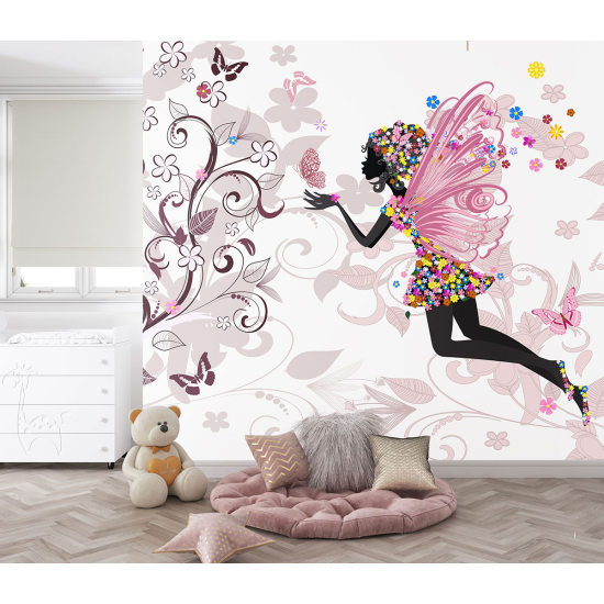 Panoramic Wallpaper - Kid Wall Mural - Fairy Flowers Butterflies